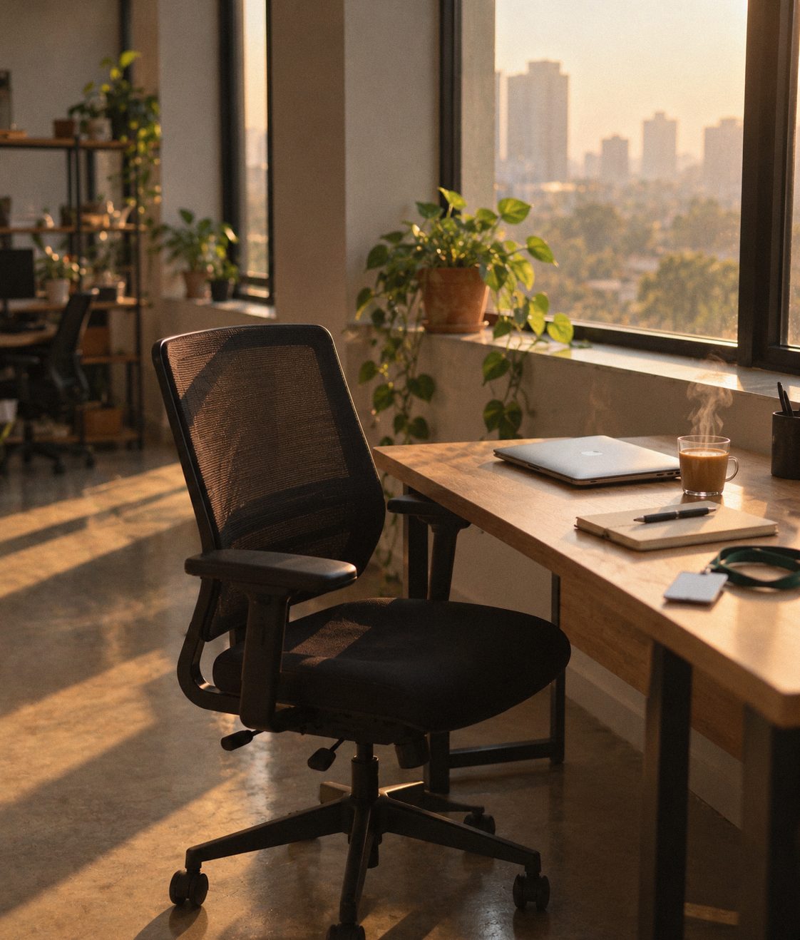 An empty chair pulled out at a sunlit desk, a glass of chai still steaming beside a laptop and a lanyard.