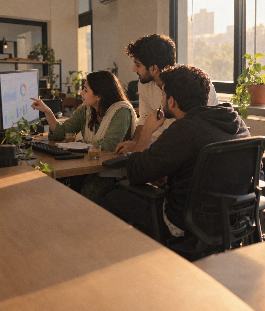 Three colleagues lean in around one monitor in a sunlit studio, talking through a dashboard.