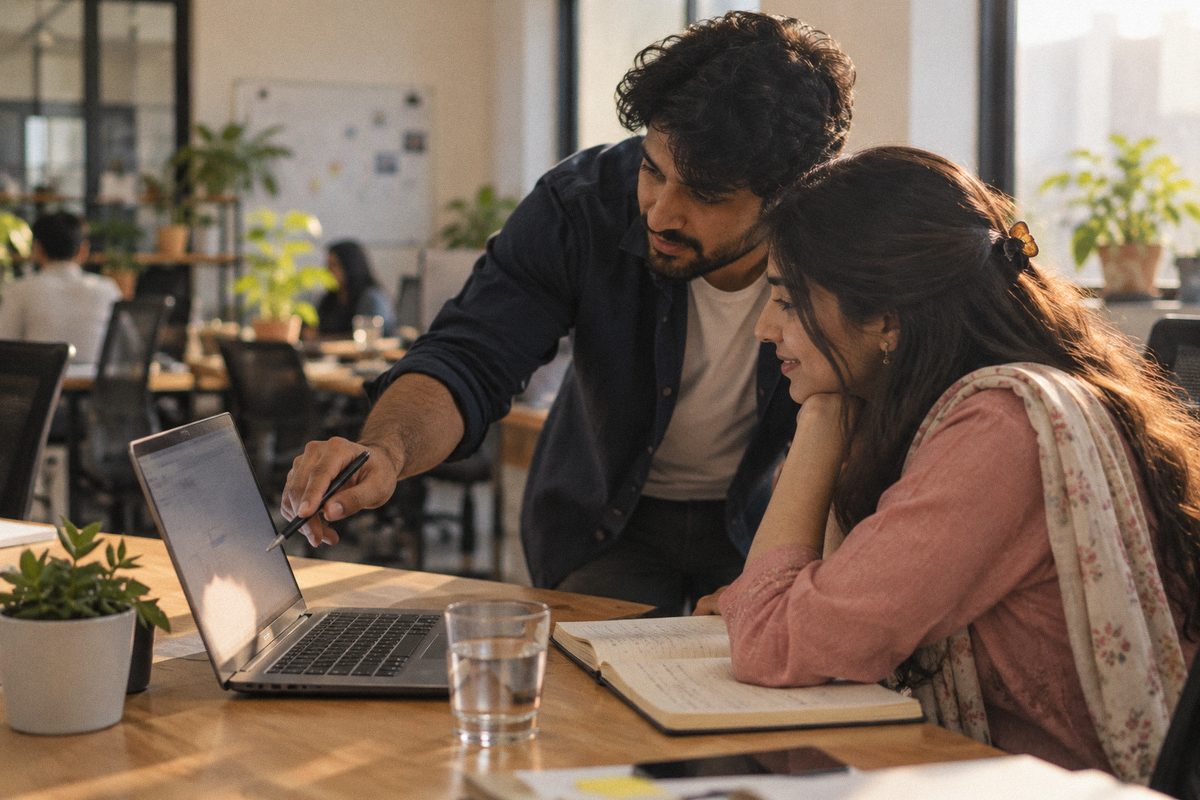 A mentor points out something on a laptop while an intern follows along.