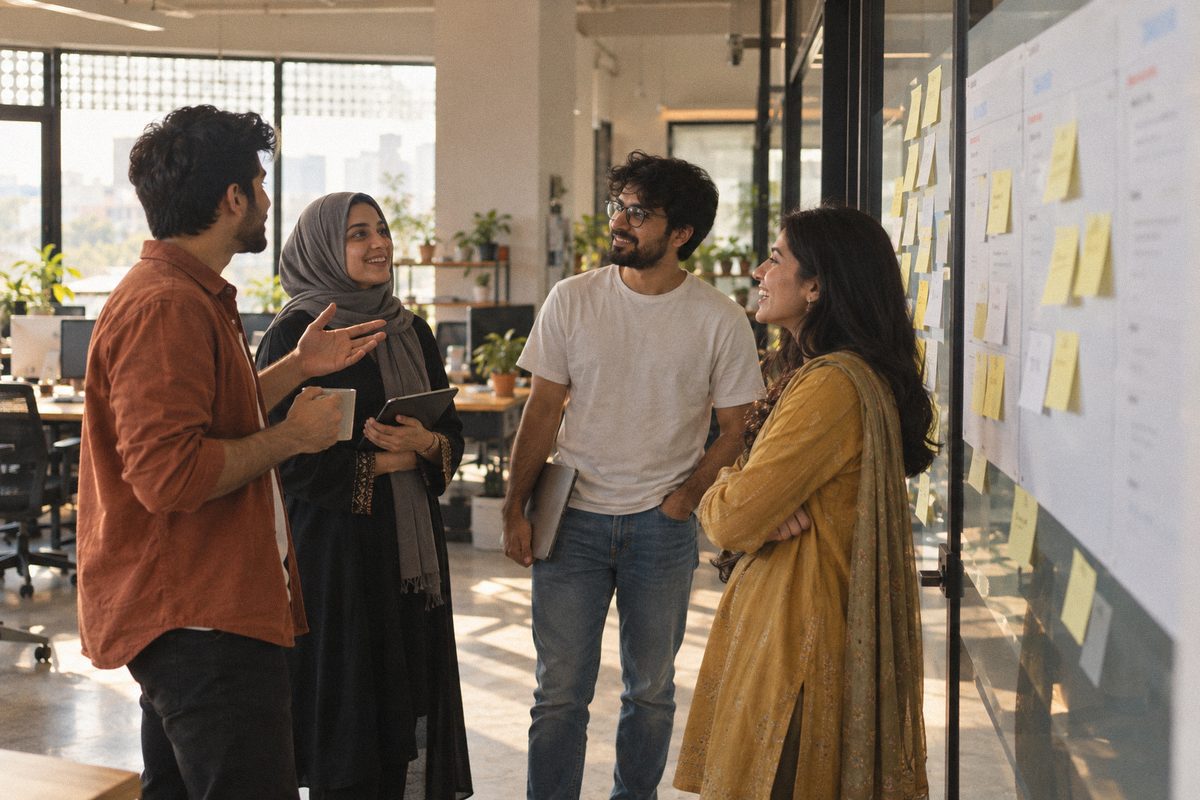 A small team talks through a sprint board covered in sticky notes.